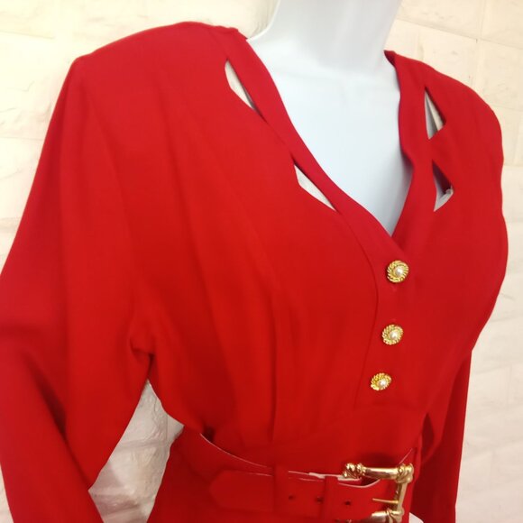 Vintage '80s Nina Piccalino Dress Power Shoulder Cut-outs Pockets Pleats (M/8) - Picture 2 of 15